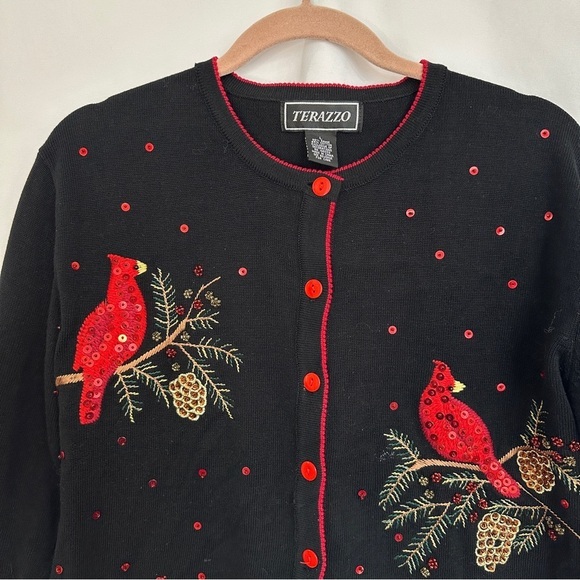 Terrazo Cardigan Sweater Size Large Holiday Cardinal Embroidered Beaded Bird - Picture 2 of 13